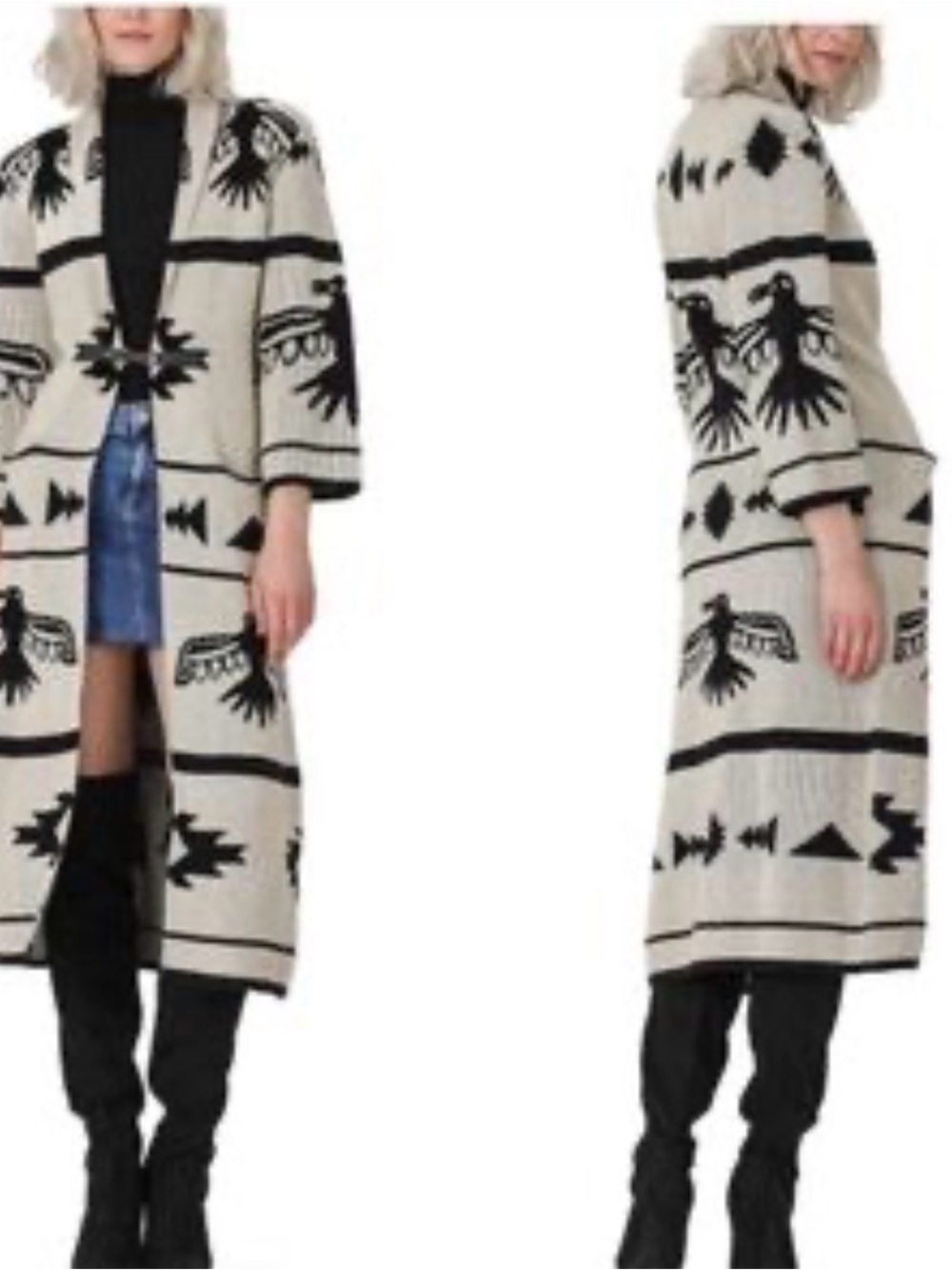 Vertigo Paris Long Aztec-Pattern Open Cardigan - Cream & Black